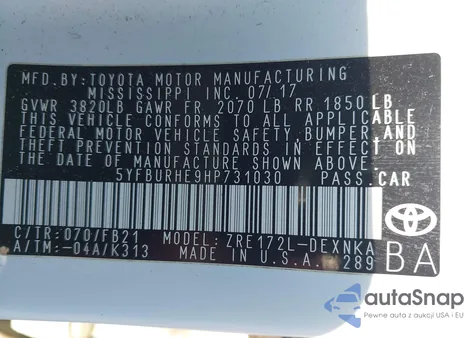 2017 Toyota Corolla Le from USA, damaged, VIN 5YFBURHE9HP731030